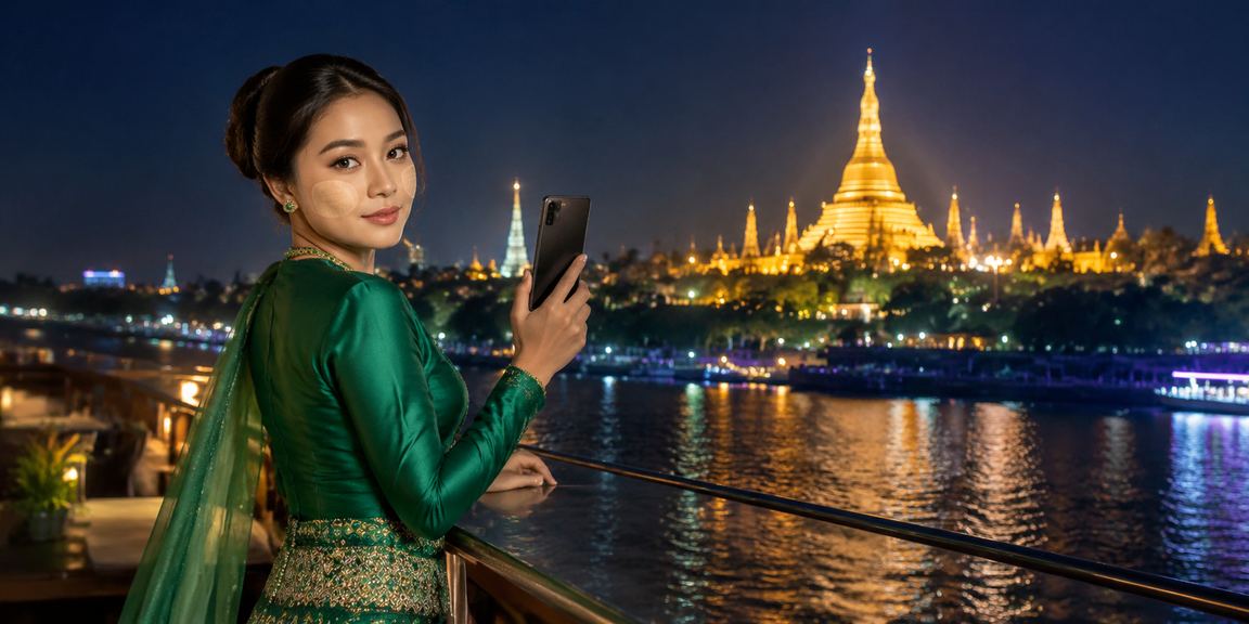 ရန်ကုန်ရွှေတိဂုံဘုရားအနီးမှာ ဖုန်းငွေလွှဲ ပြုလုပ်နေသော မြန်မာလူငယ်